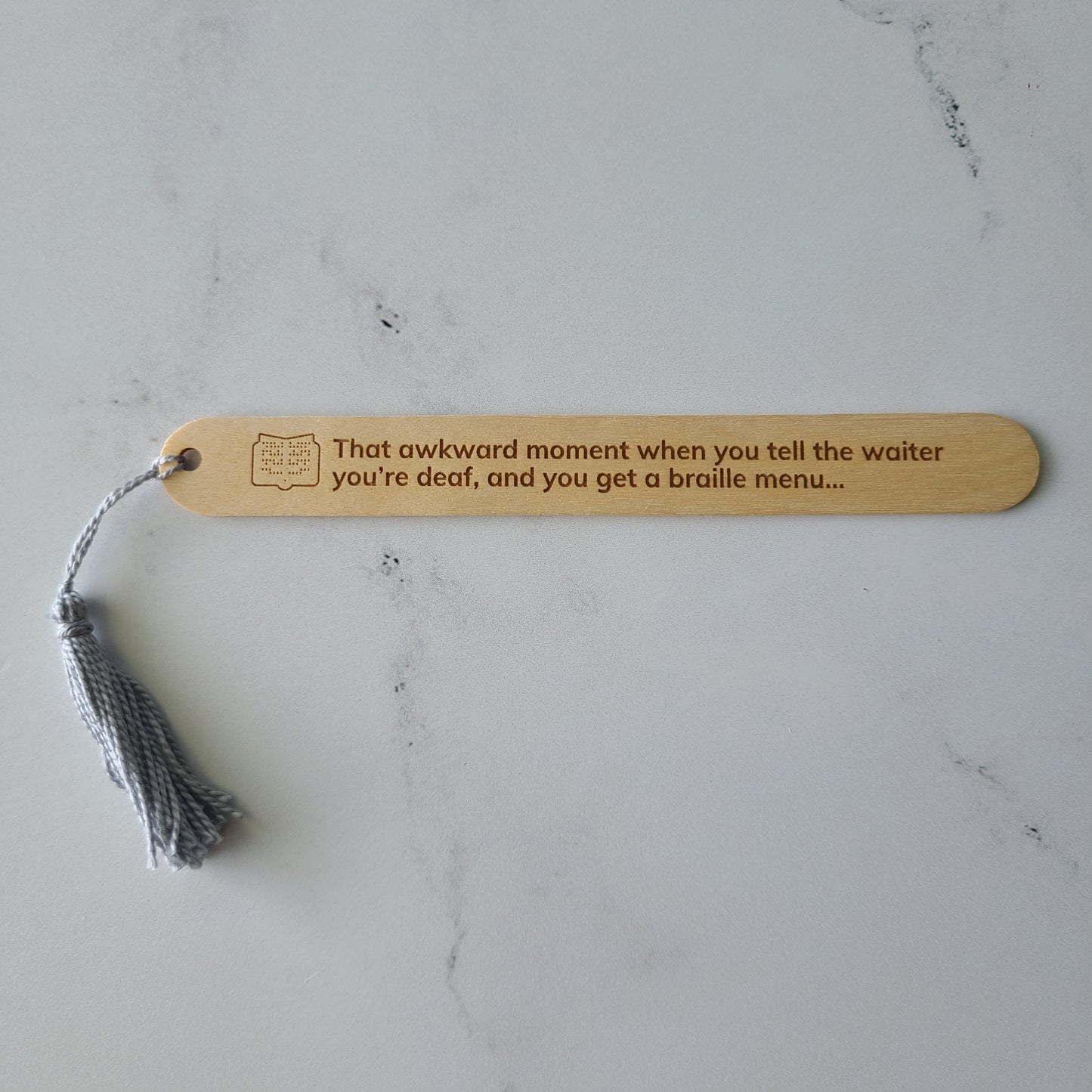 "That awkward moment when you tell the waiter you're deaf, and you get a braille menu" popsicle bookmark