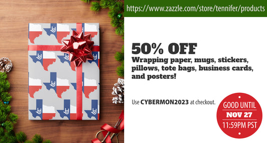 50% off wrapping paper, mugs, stickers, pillows, tote bags, business cards, and posters