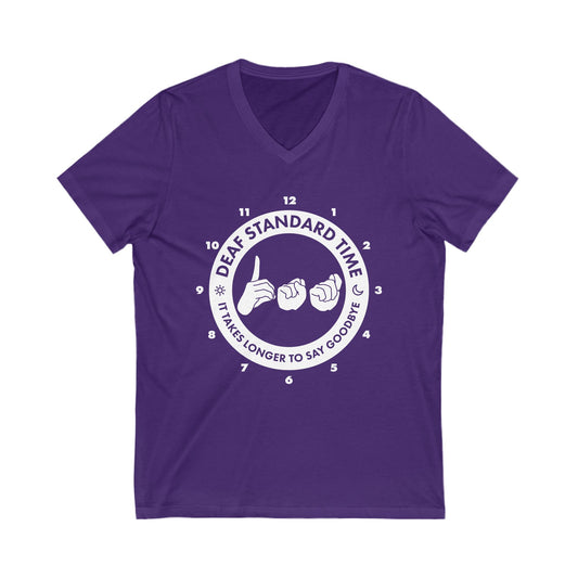 Deaf Standard Time in White - Unisex Jersey Short Sleeve V-Neck Tee