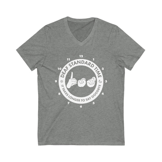 Deaf Standard Time in White - Unisex Jersey Short Sleeve V-Neck Tee